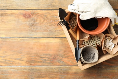 Wooden crate with different vegetable seeds and gardening tools on table, top view. Space for text