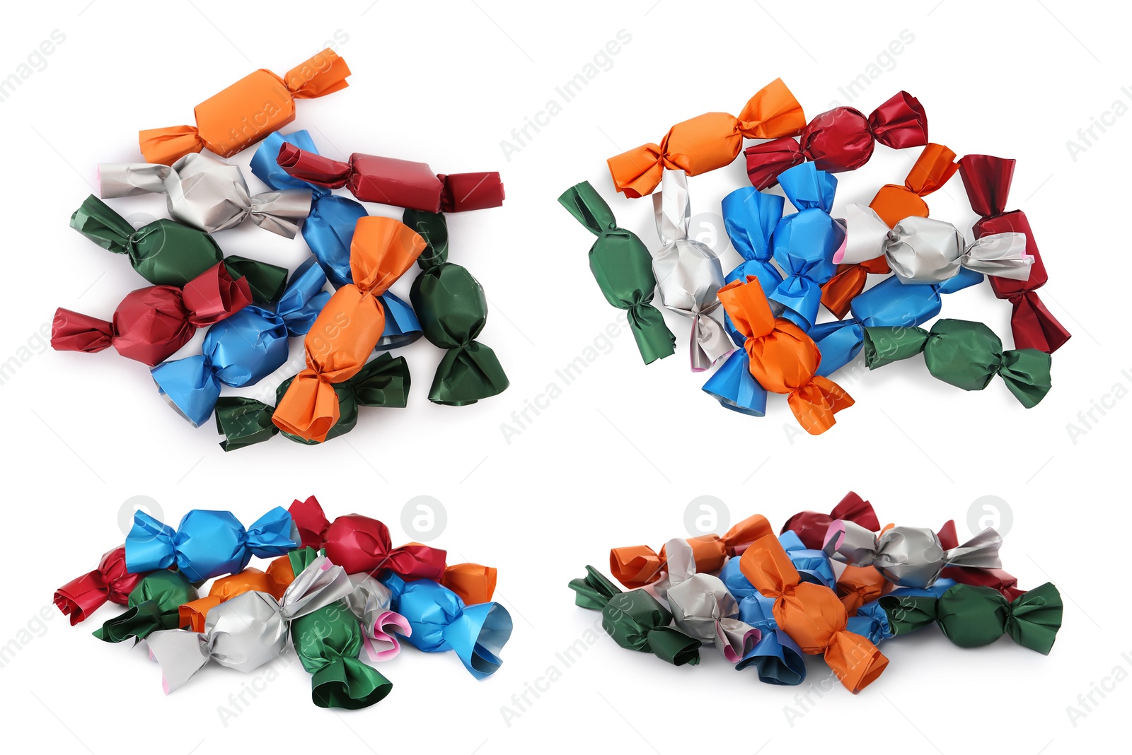 Image of Set with tasty candies in colorful wrappers on white background