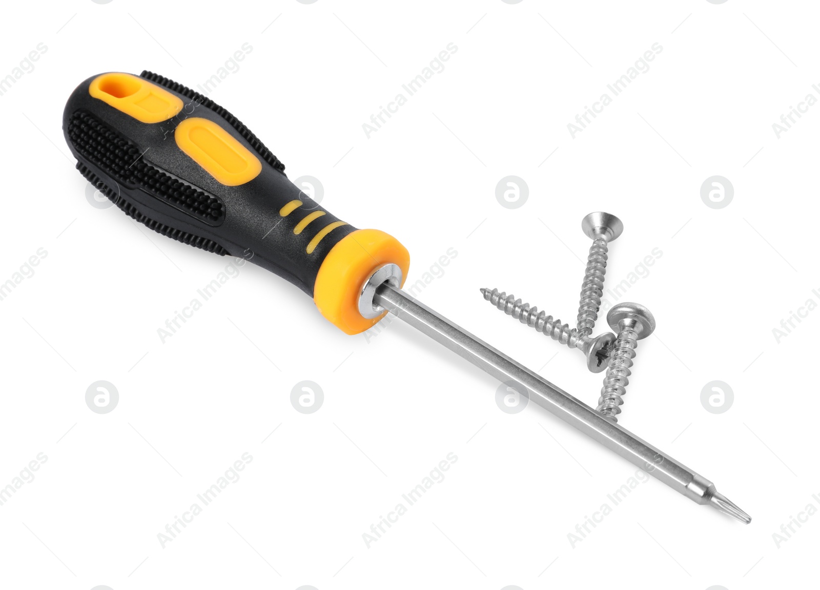 Photo of Screwdriver with black handle and screws isolated on white