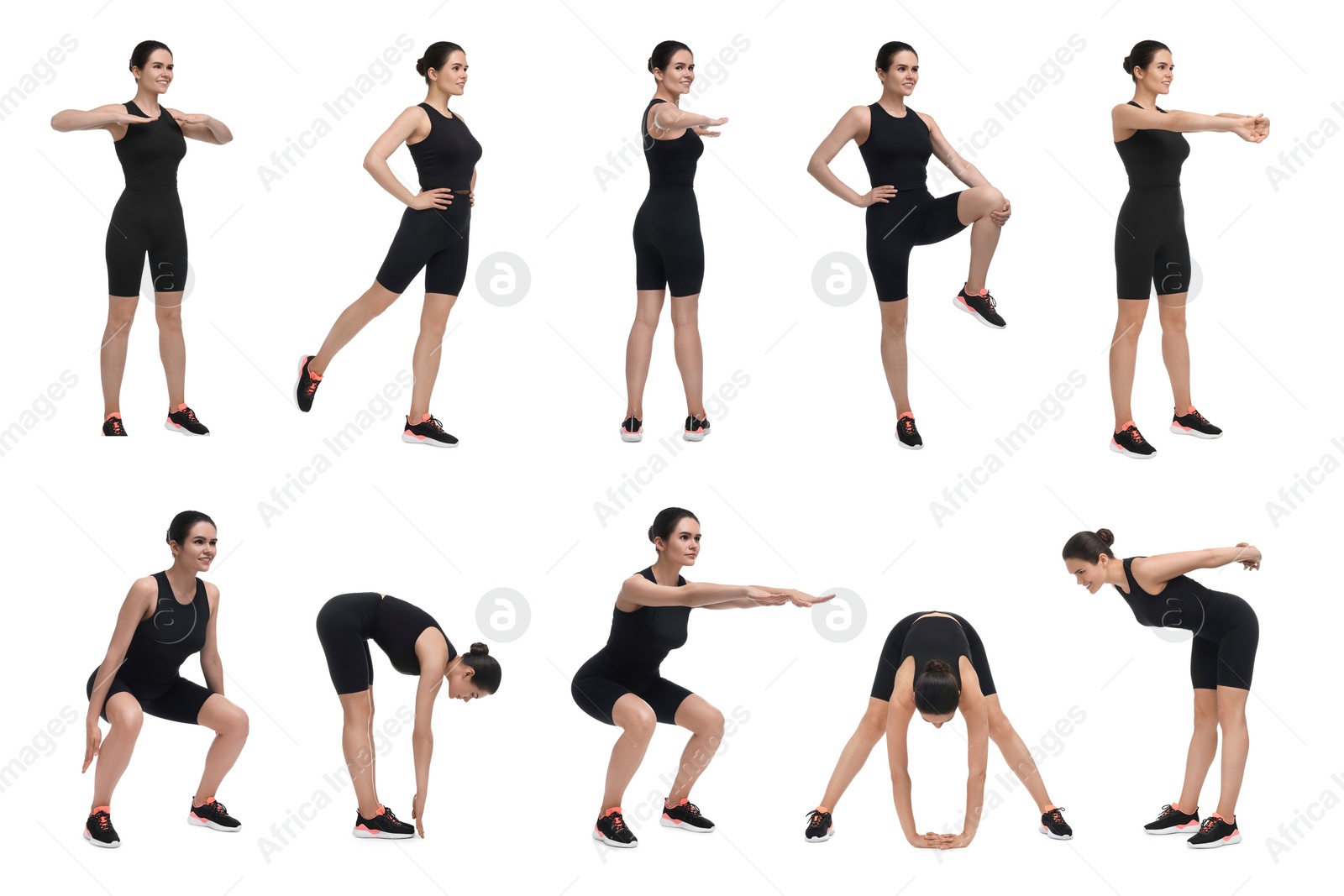 Image of Young woman doing morning exercises on white background, collage design