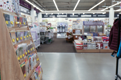 Blurred view of different products in shopping mall