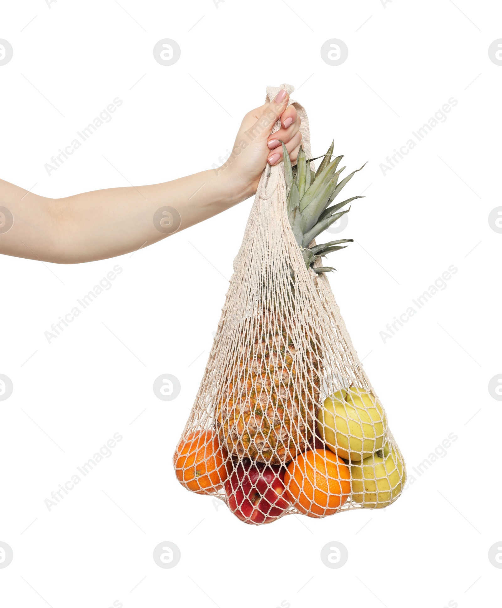 Photo of Woman with string bag of fresh fruits on white background