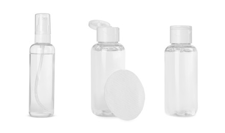 Set with bottles of micellar cleansing water on white background