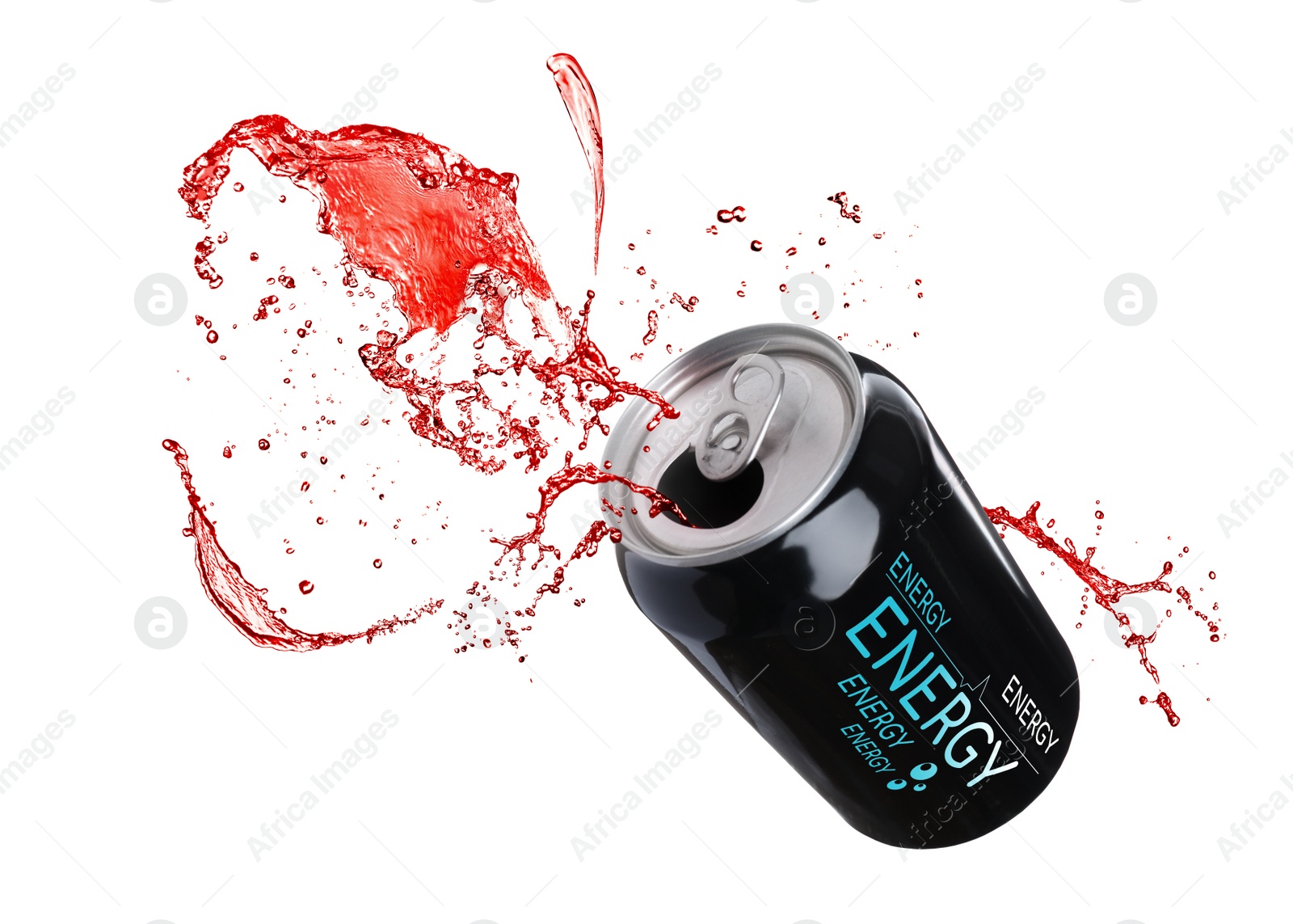 Image of Can of energy drink with splashes on white background