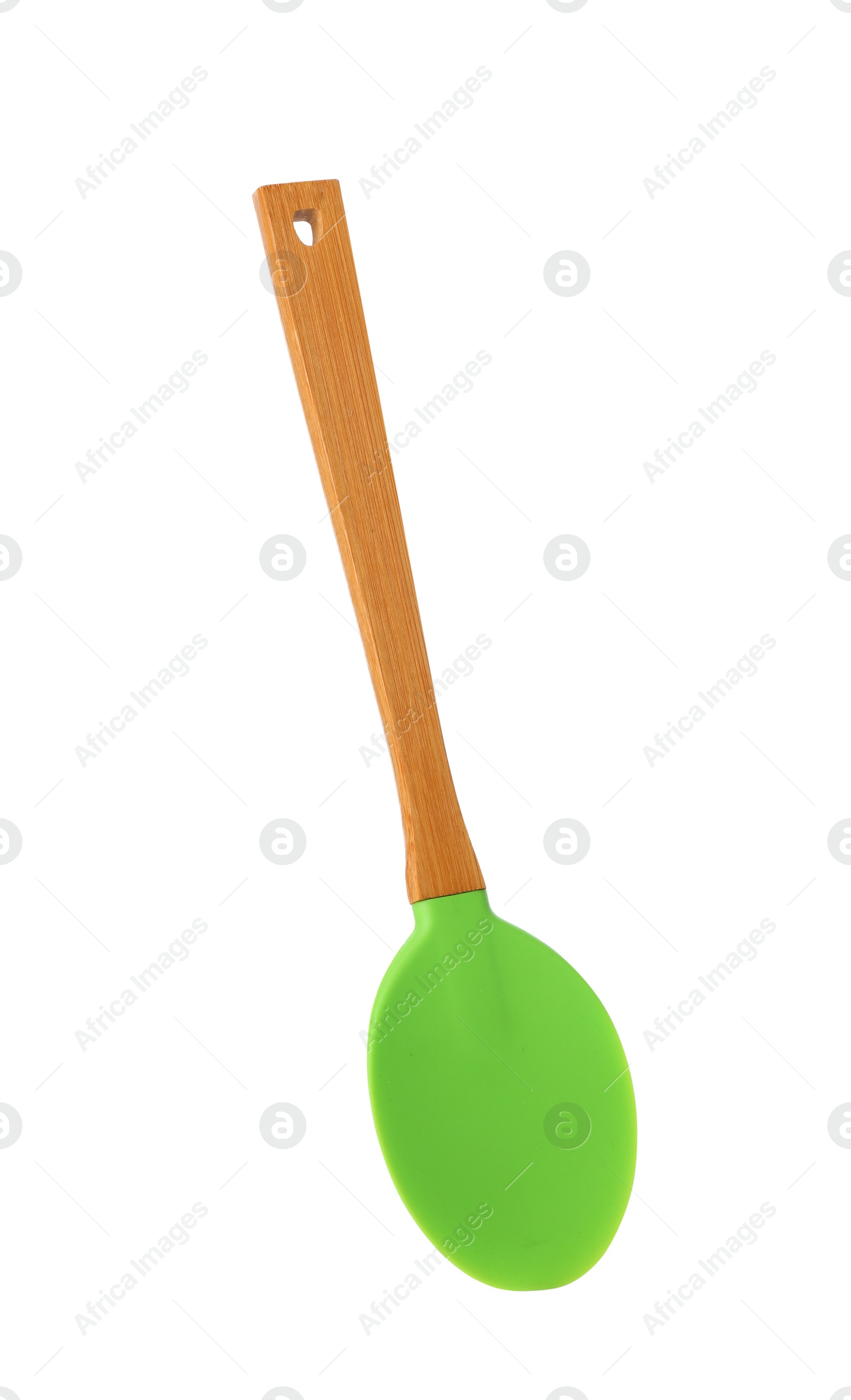 Photo of Kitchen utensil with wooden handle on white background