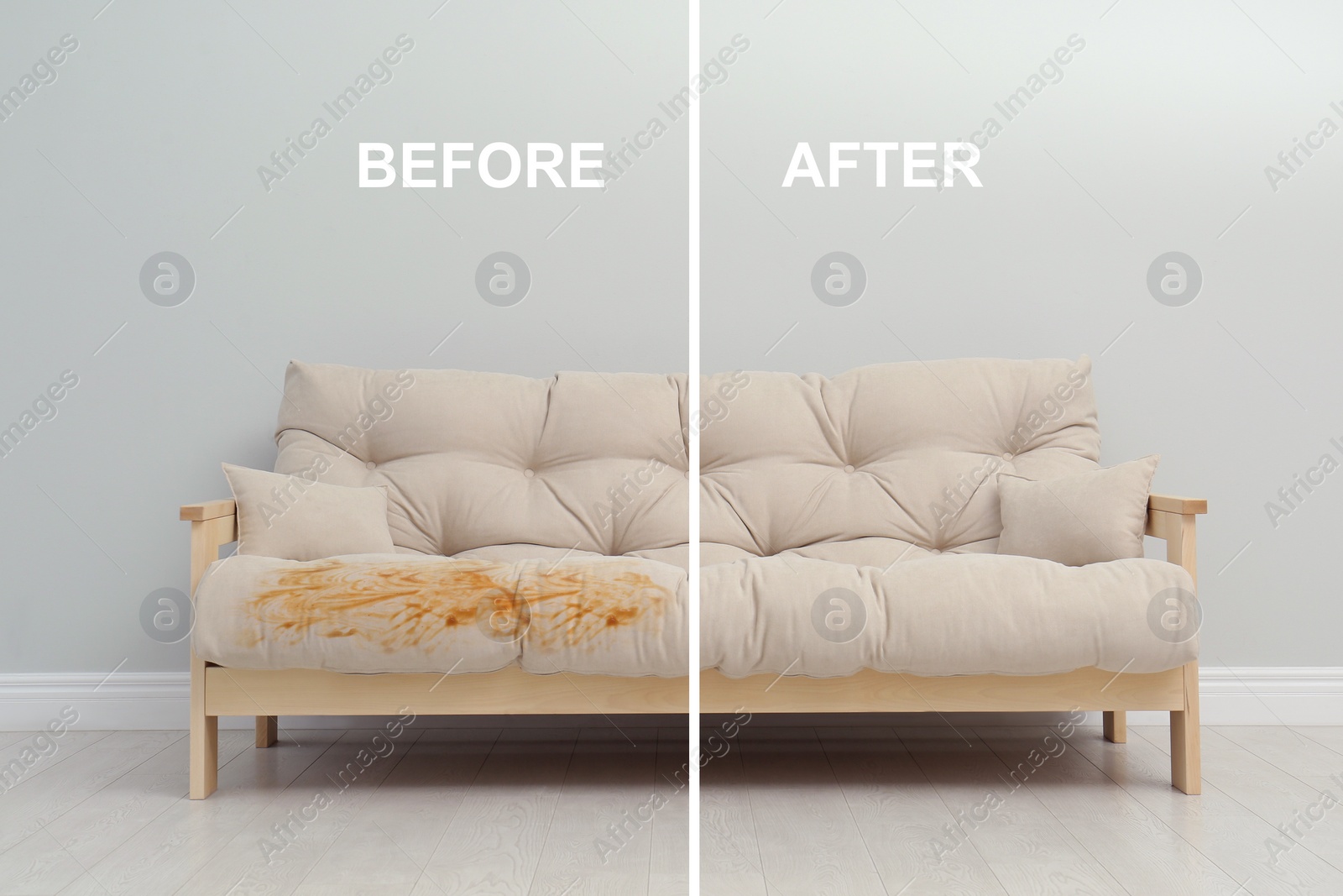 Image of Sofa before and after dry-cleaning indoors, collage