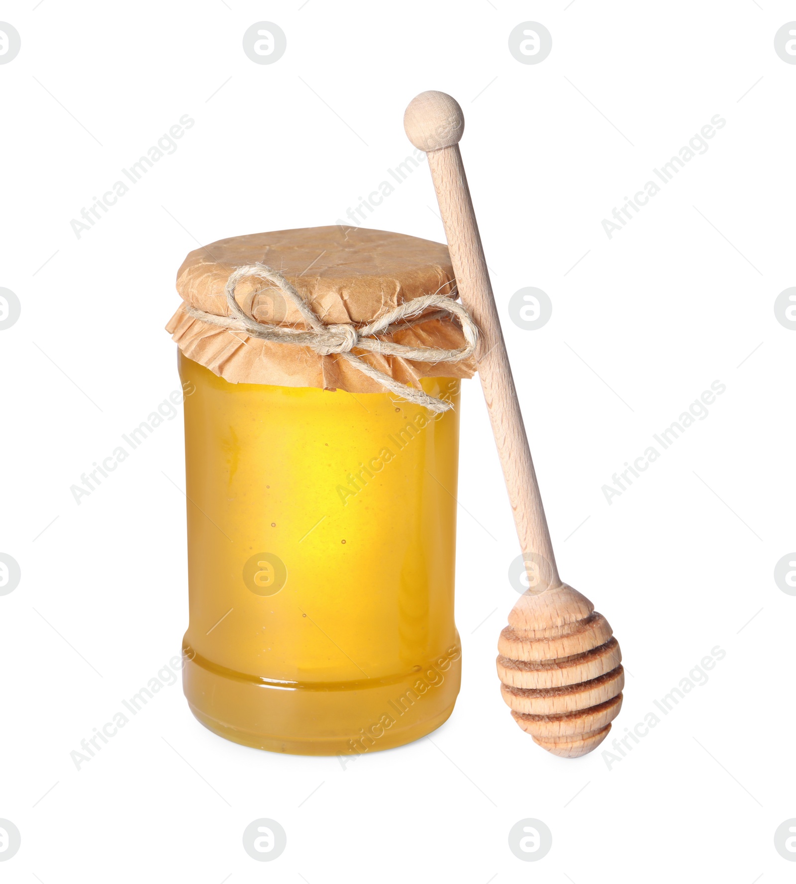 Photo of Tasty natural honey in glass jar and dipper isolated on white