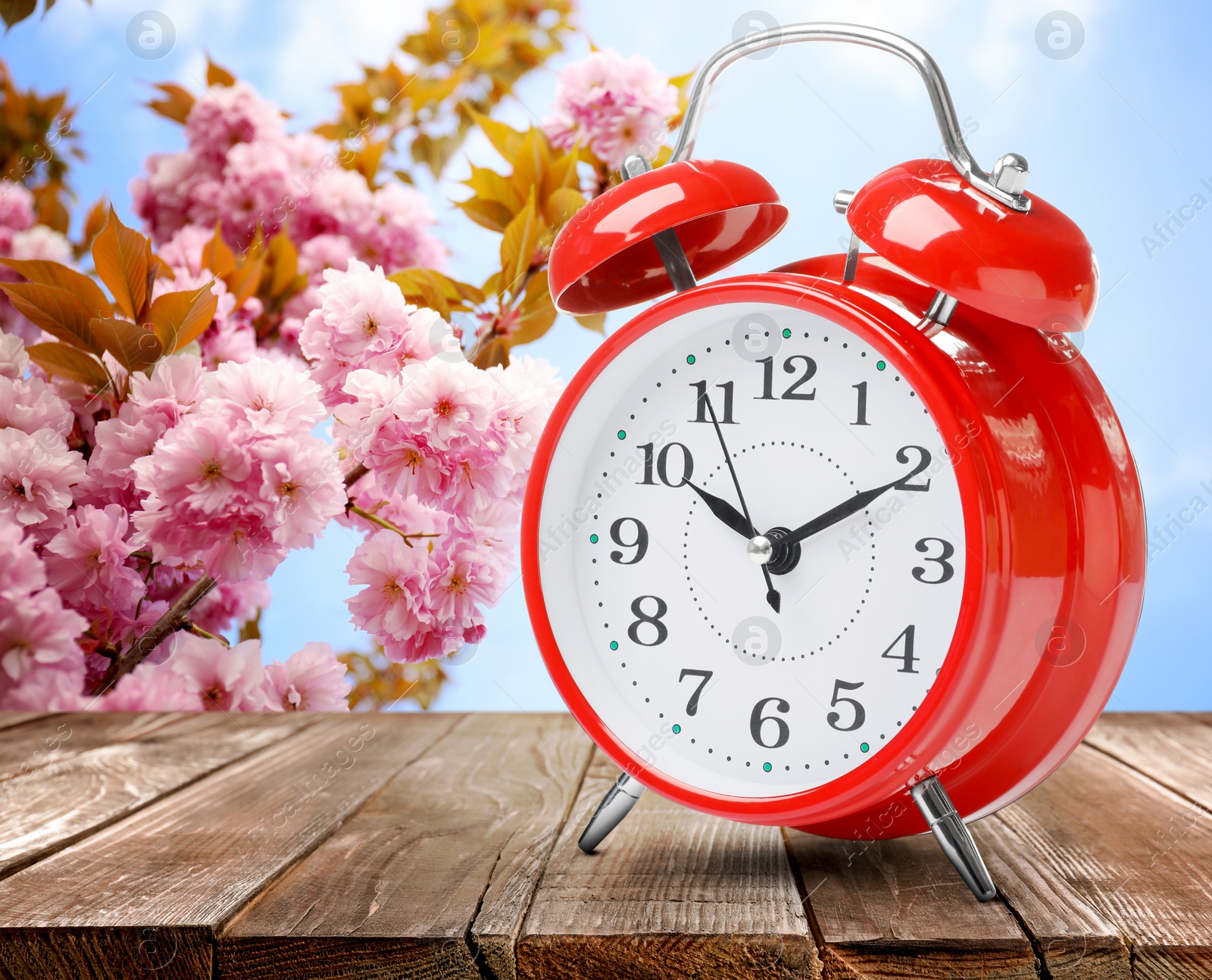 Image of Red alarm clock on wooden table. Daylight saving time (Spring forward)