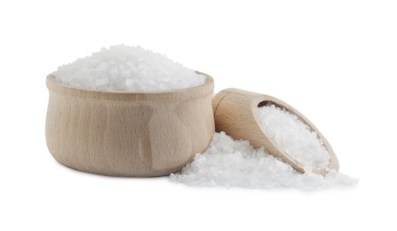 Photo of Natural salt in wooden bowl and scoop isolated on white