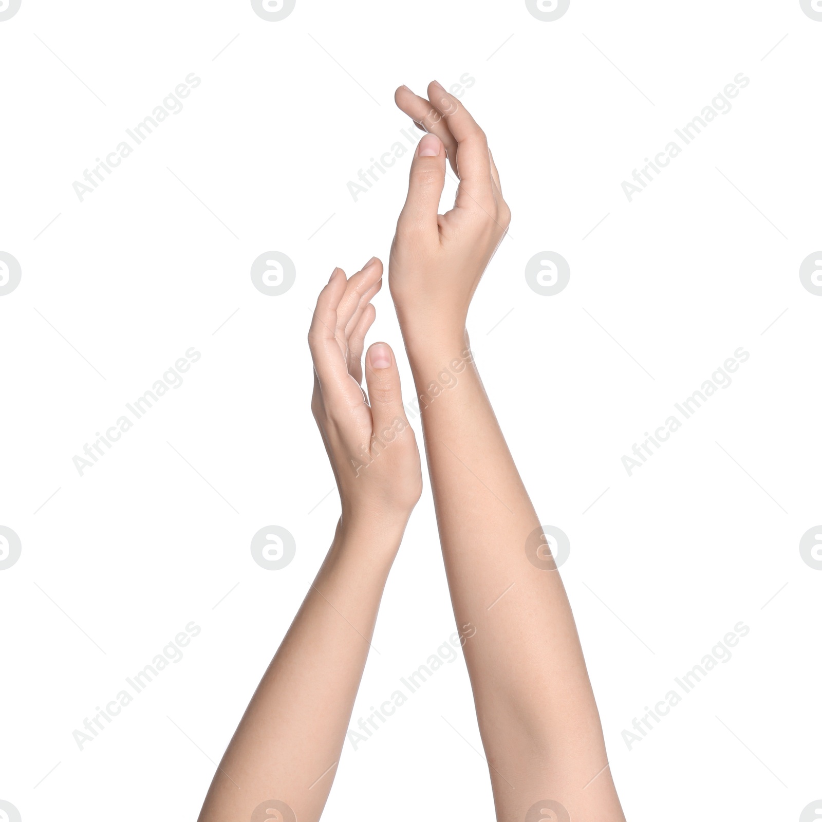 Photo of Woman against white background, closeup on hands