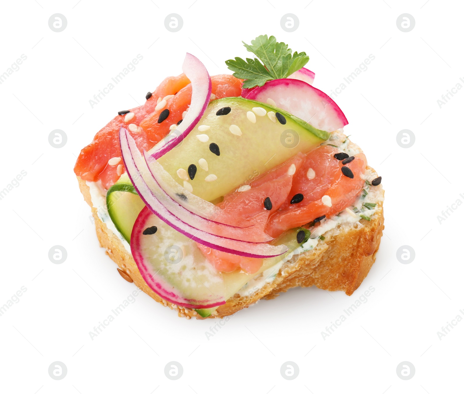 Photo of Tasty canape with salmon, cucumber, radish and cream cheese isolated on white
