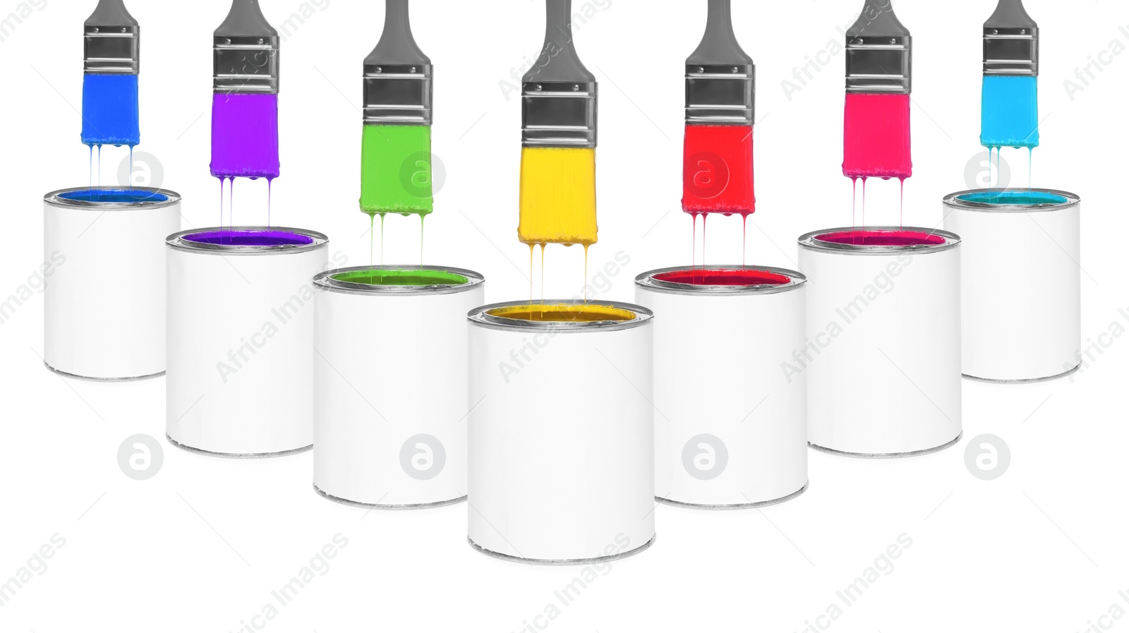 Image of Brushes with colorful paints in air over cans on white background