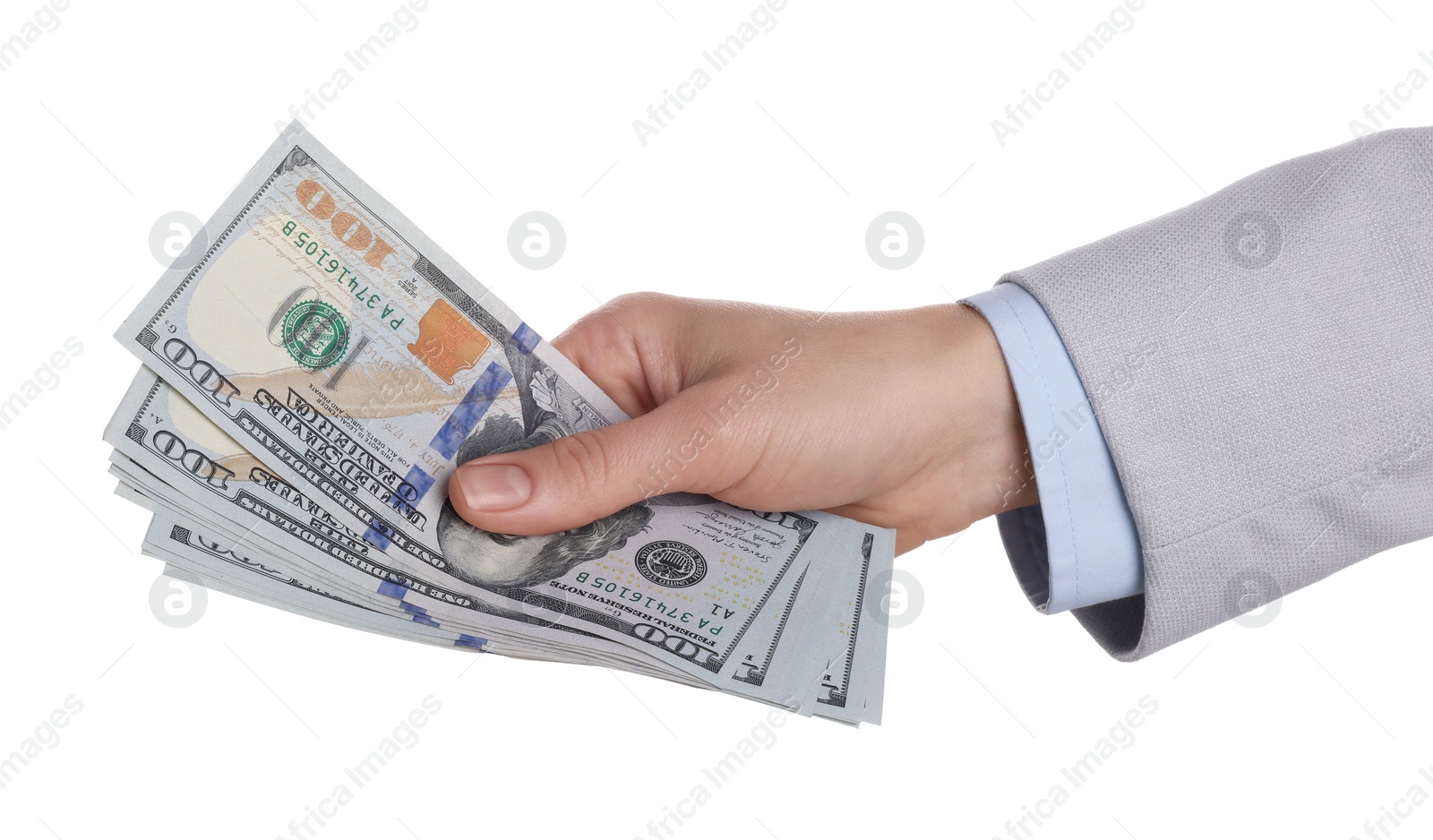 Photo of Money exchange. Woman holding dollar banknotes on white background, closeup