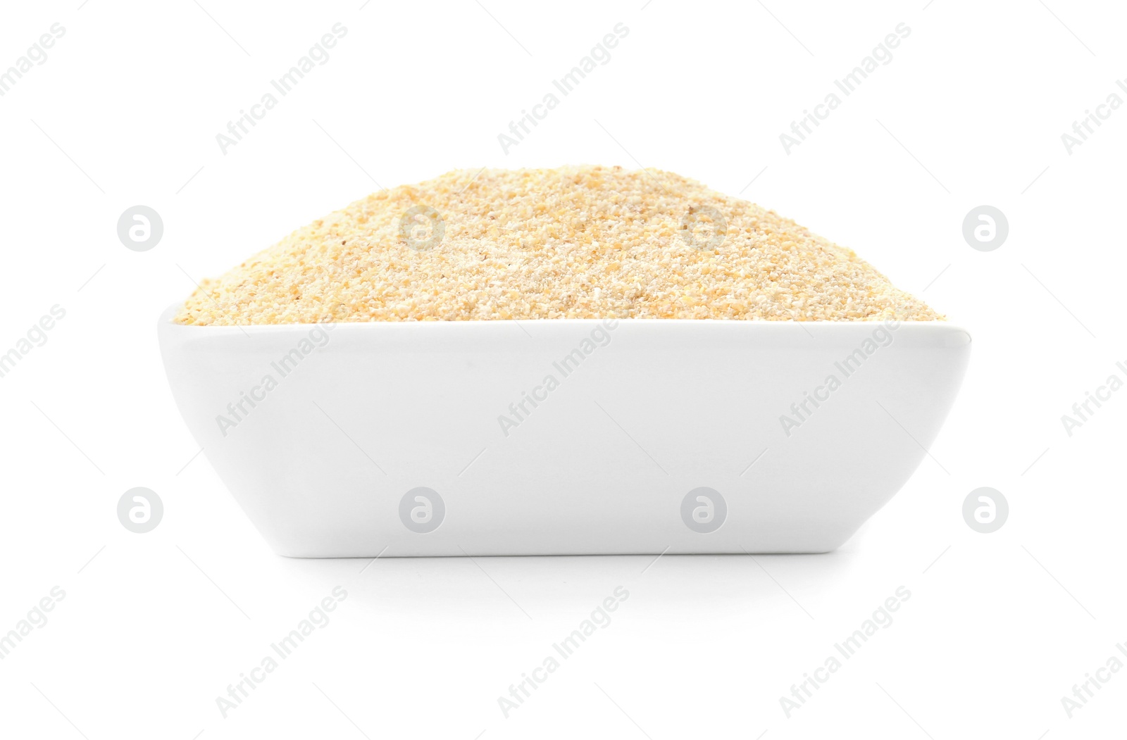 Photo of Bowl of dry garlic powder on white background