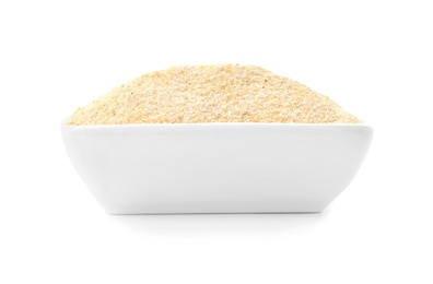 Bowl of dry garlic powder on white background