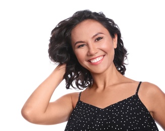 Photo of Happy young woman in casual outfit on white background