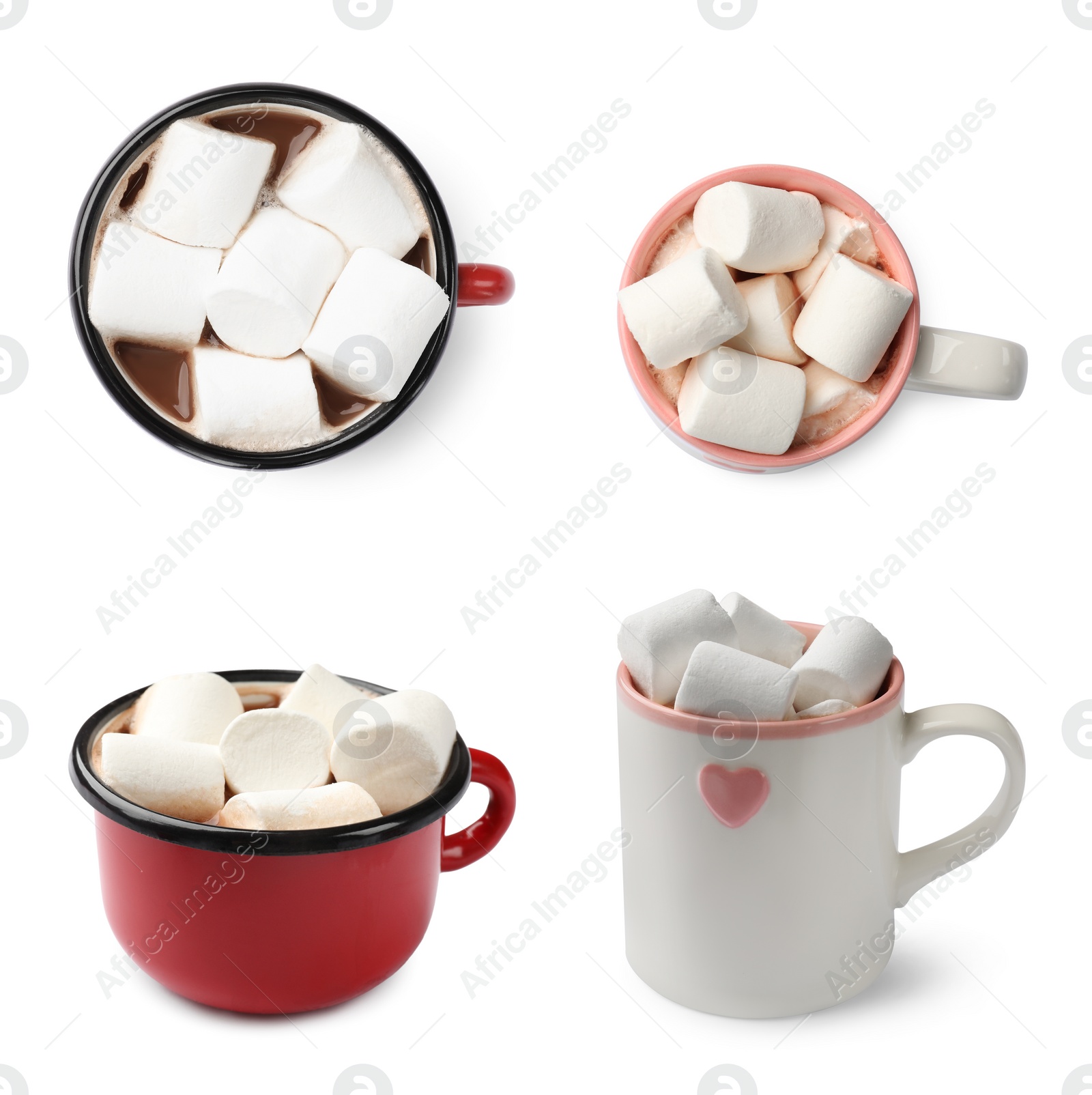 Image of Delicious hot chocolate with marshmallows in cups isolated on white, top and side views