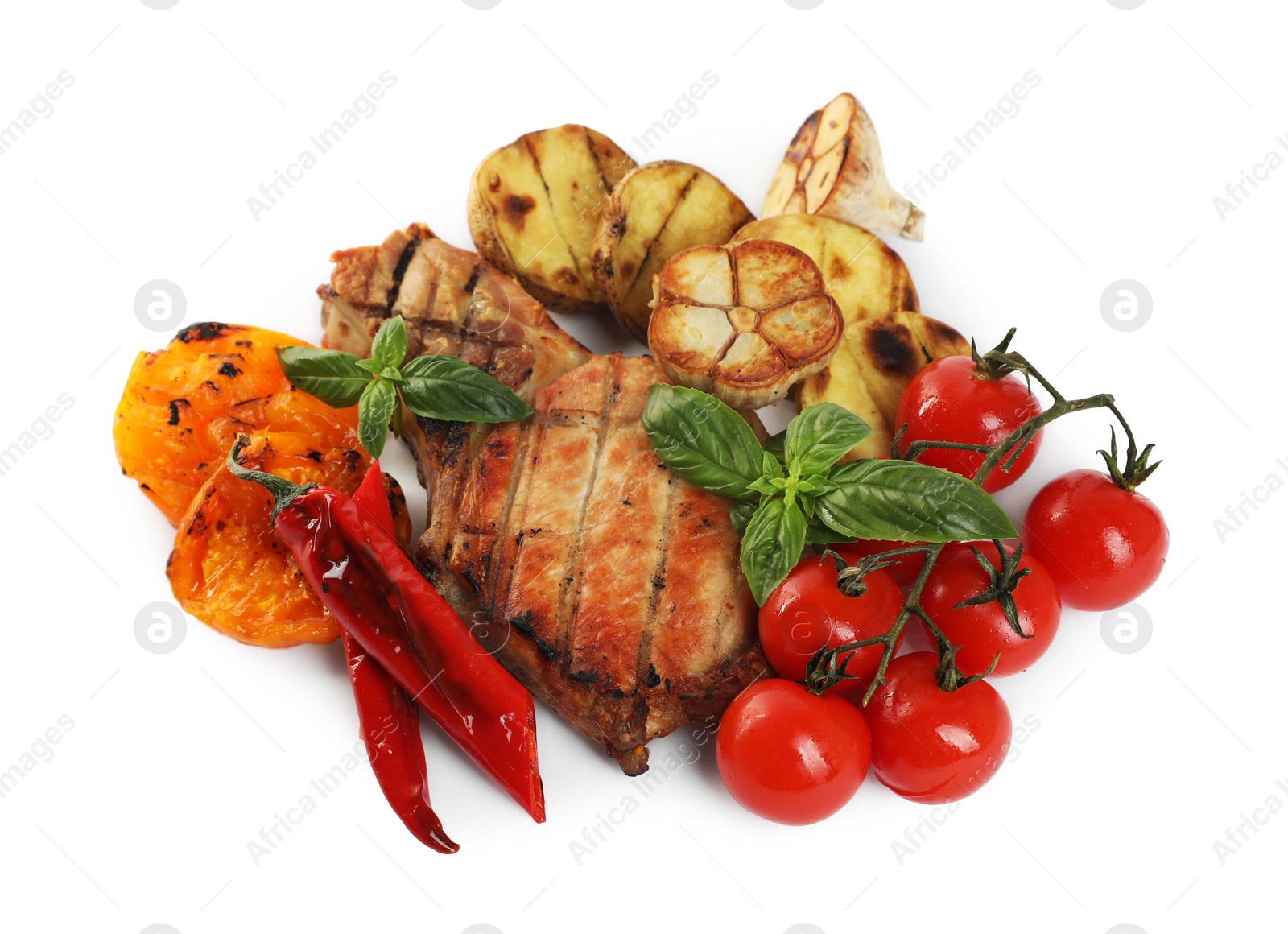 Photo of Tasty grilled vegetables, meat, fresh cherry tomatoes and basil isolated on white, above view