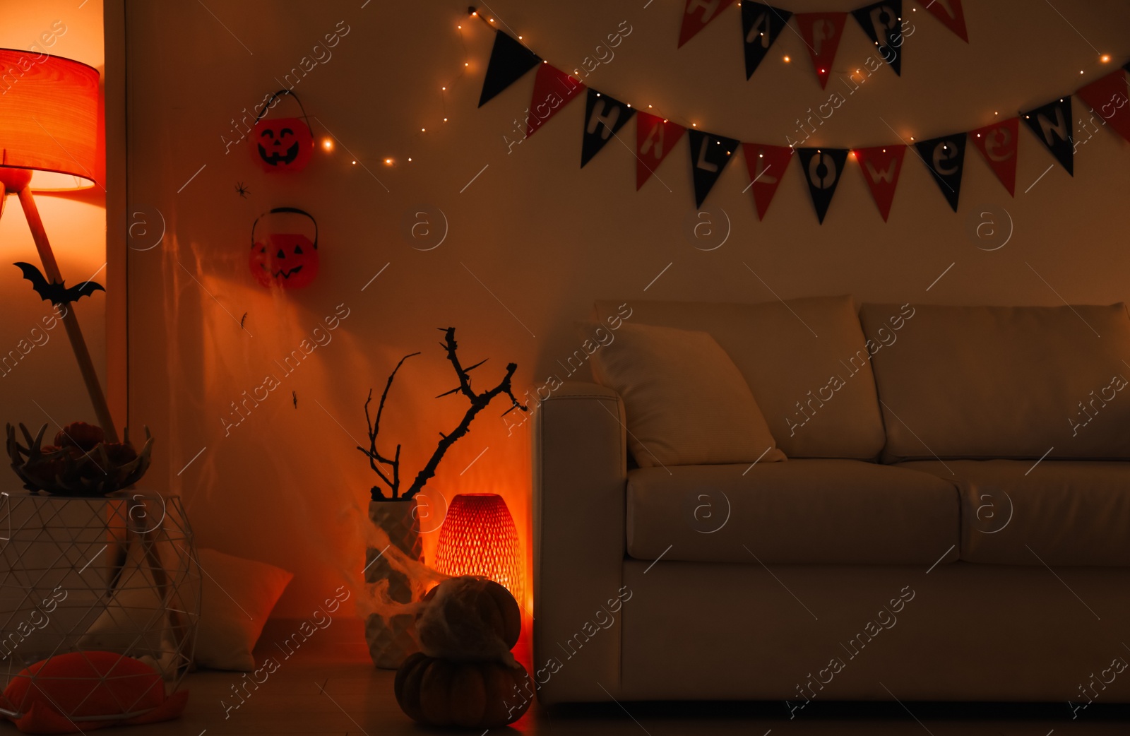 Photo of Modern room decorated for Halloween. Festive interior