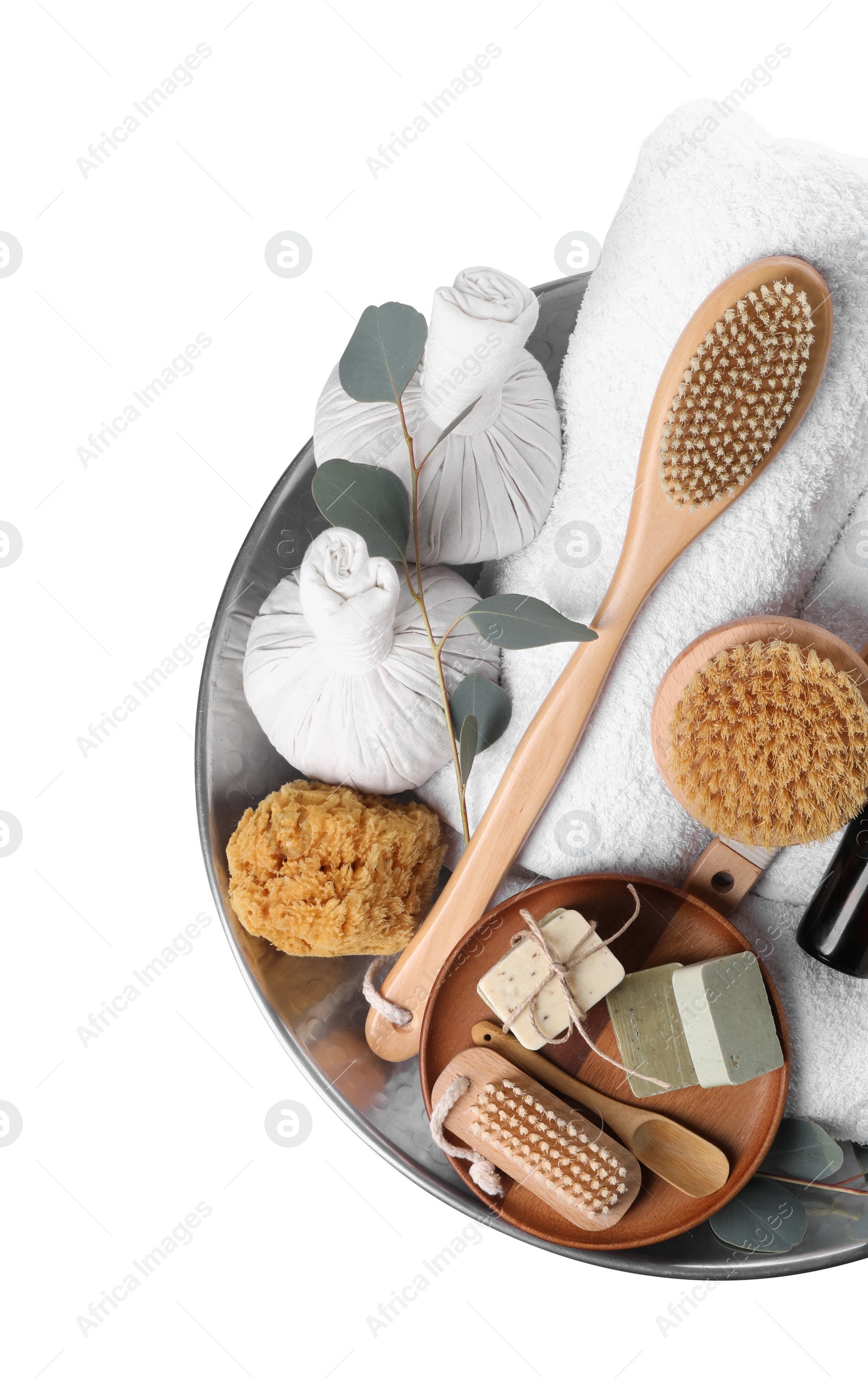 Photo of Different spa products and eucalyptus branches isolated on white, top view