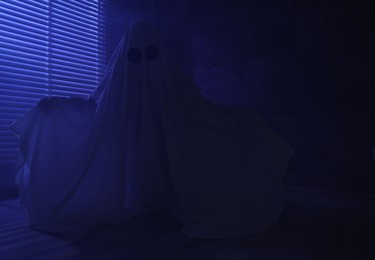 Creepy ghost. Woman covered with sheet near window in blue light