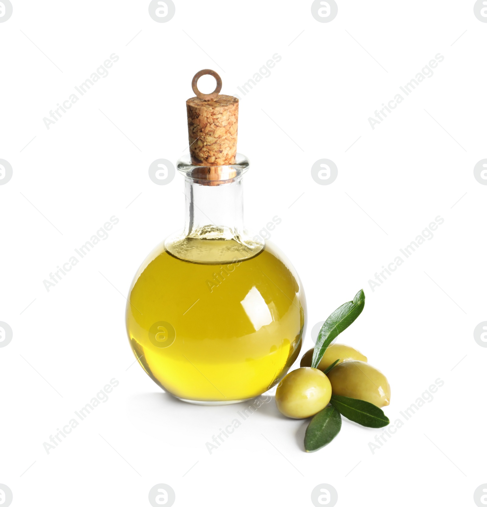 Photo of Glass bottle with fresh olive oil on white background