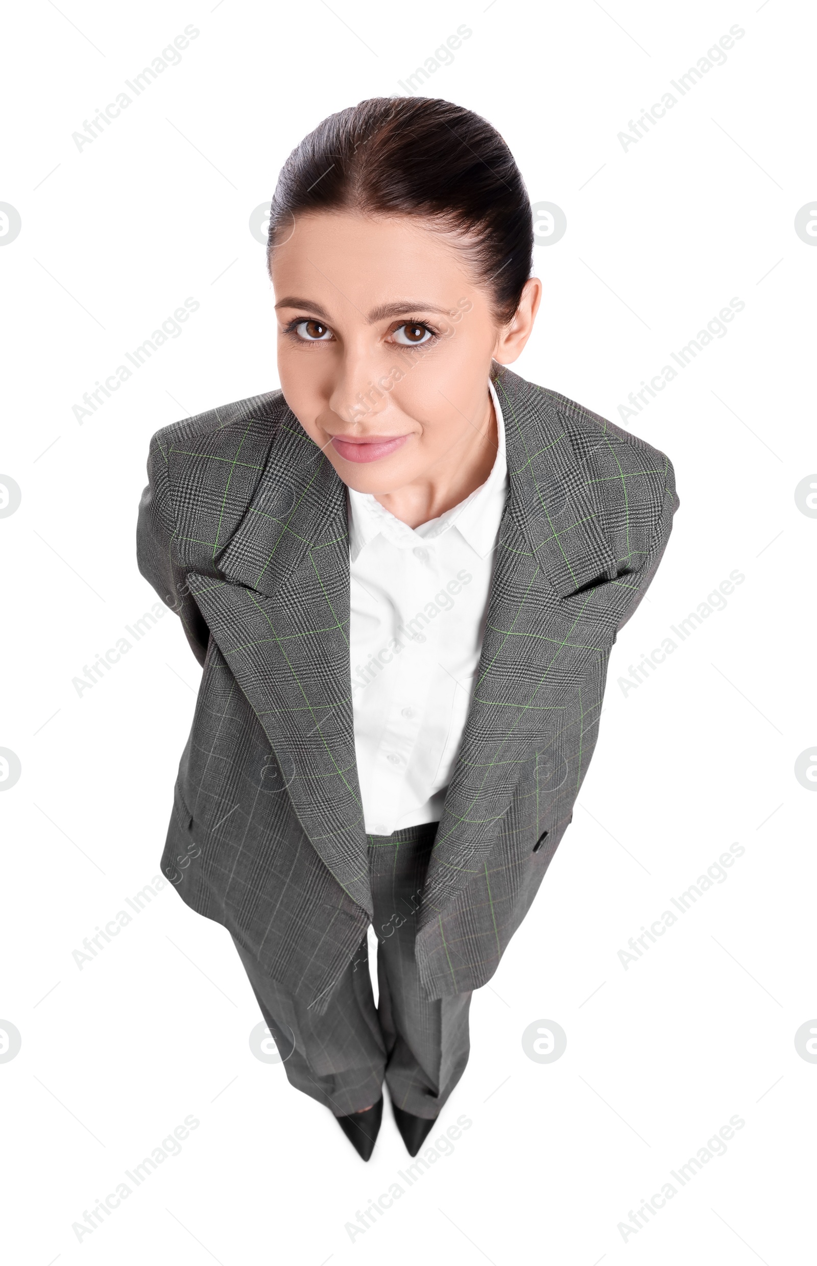 Photo of Beautiful businesswoman in suit on white background, above view