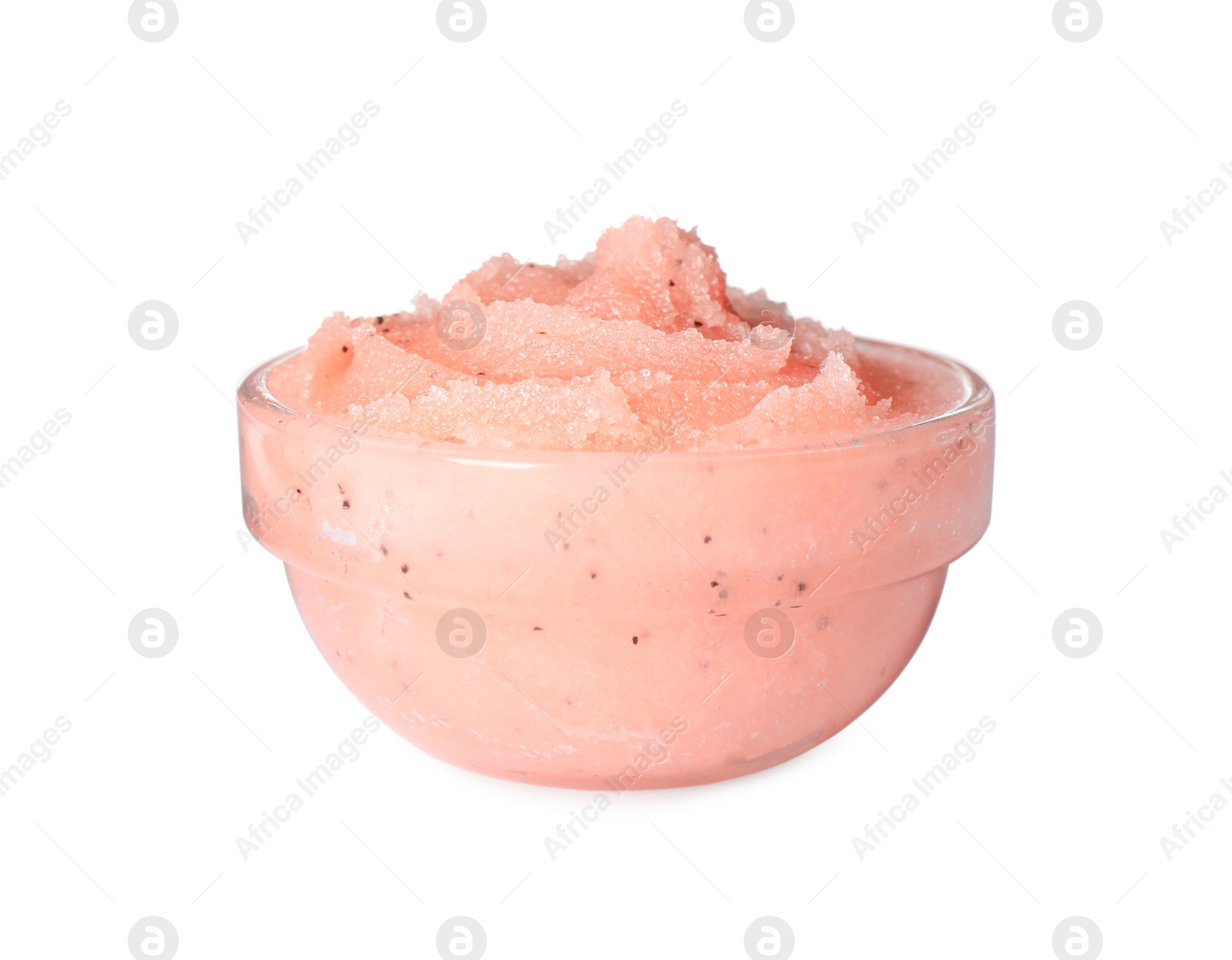 Photo of Glass bowl of pink body scrub isolated on white