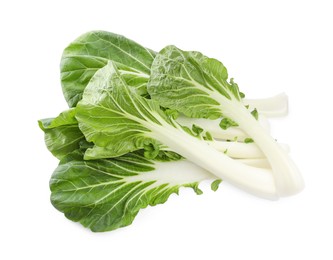 Fresh leaves of green pak choy cabbage on white background, top view