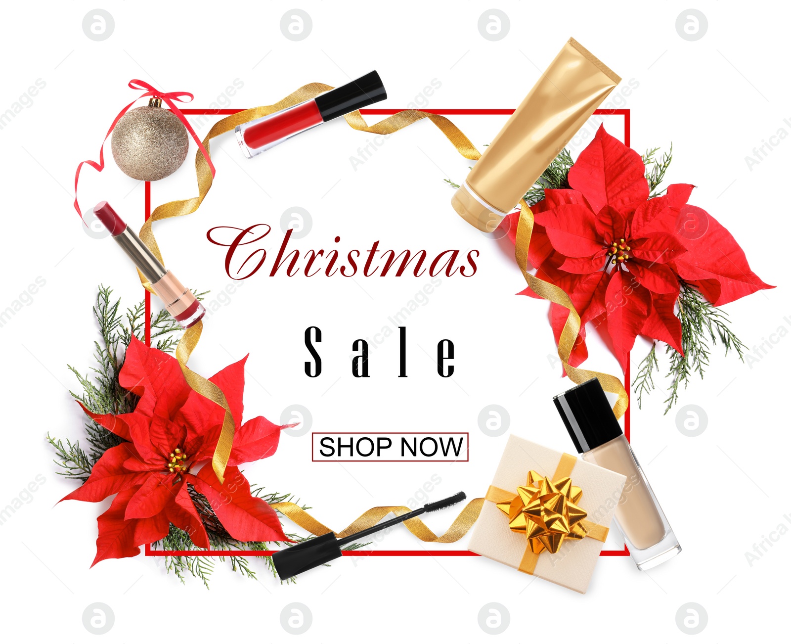 Image of Christmas sale ad with makeup products and decor