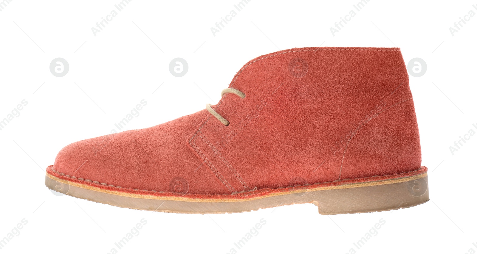 Photo of Stylish pink boot isolated on white. Trendy footwear