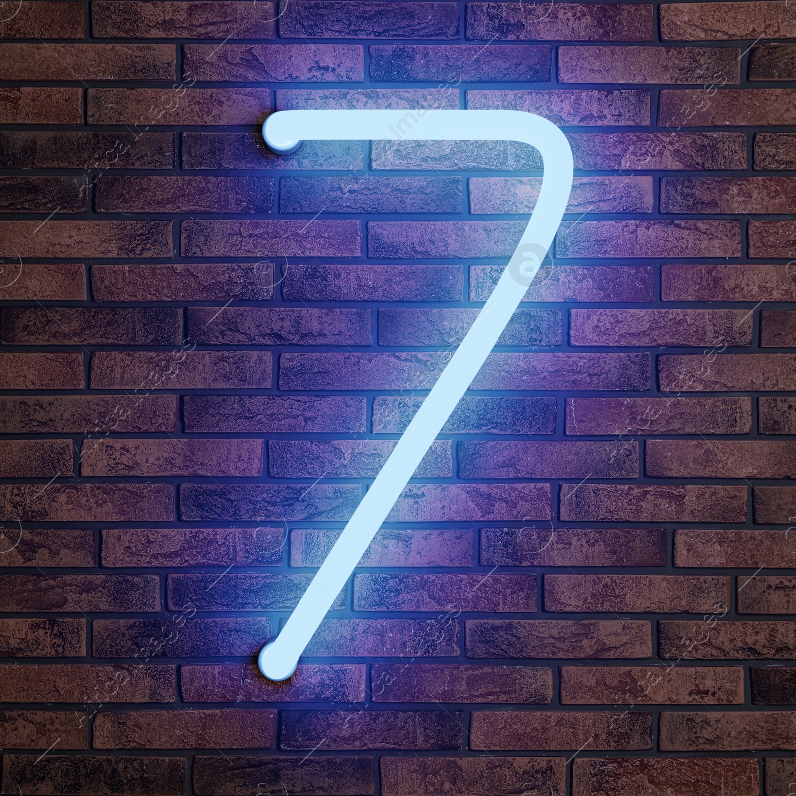 Image of Glowing neon number 7 sign on brick wall