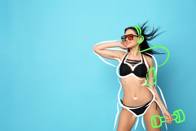 Image of Slim woman in bikini and sunglasses on light blue background. Outline with dumbbell during training as her overweight figure before workout. Space for text
