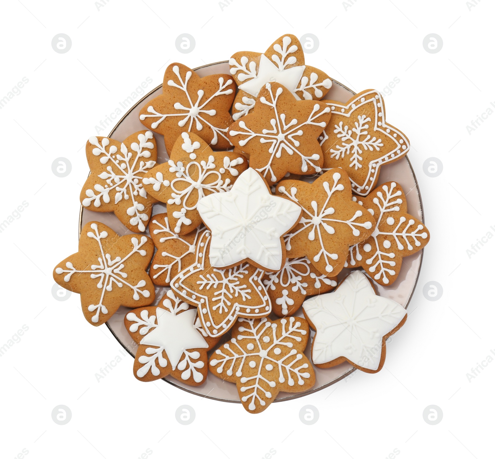 Photo of Tasty star shaped Christmas cookies with icing isolated on white, top view