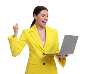 Photo of Beautiful happy businesswoman in yellow suit with laptop on white background