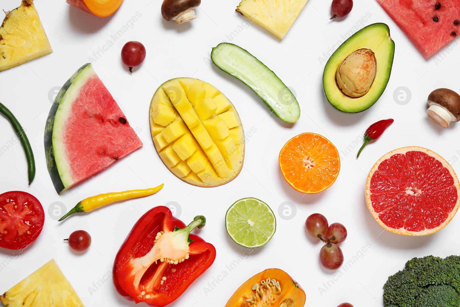 Photo of Composition with fresh organic fruits and vegetables on white background, top view