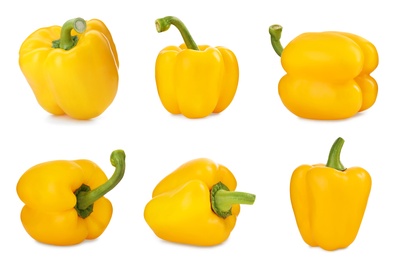 Image of Set of fresh whole yellow bell peppers isolated on white