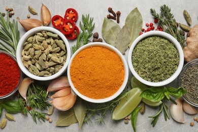Flat lay composition with different natural spices and herbs on light grey table