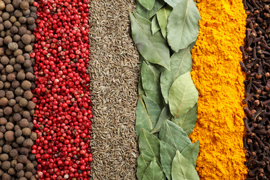 Set of different spices as background, top view