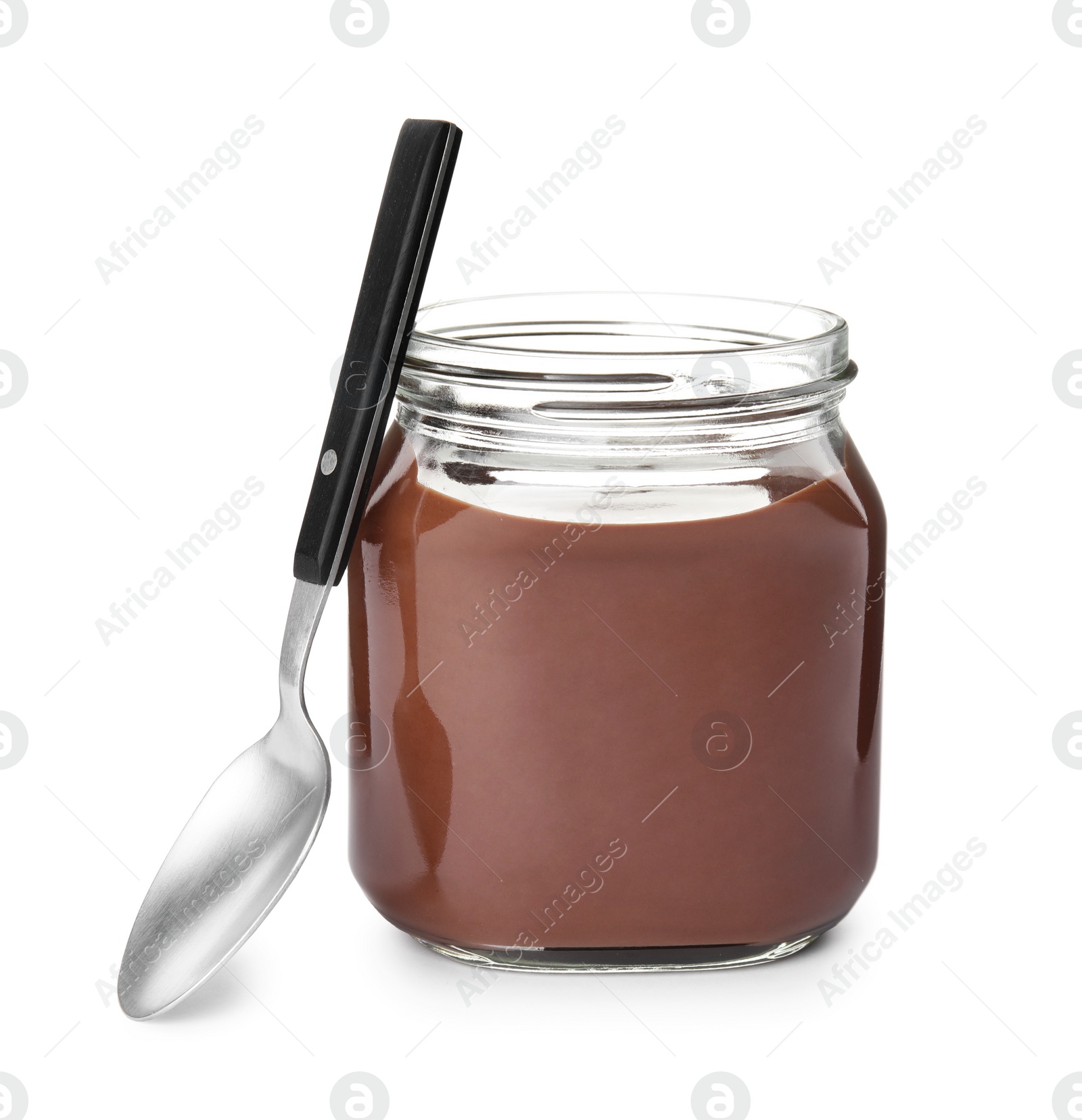 Photo of Glass jar with tasty chocolate cream and spoon isolated on white