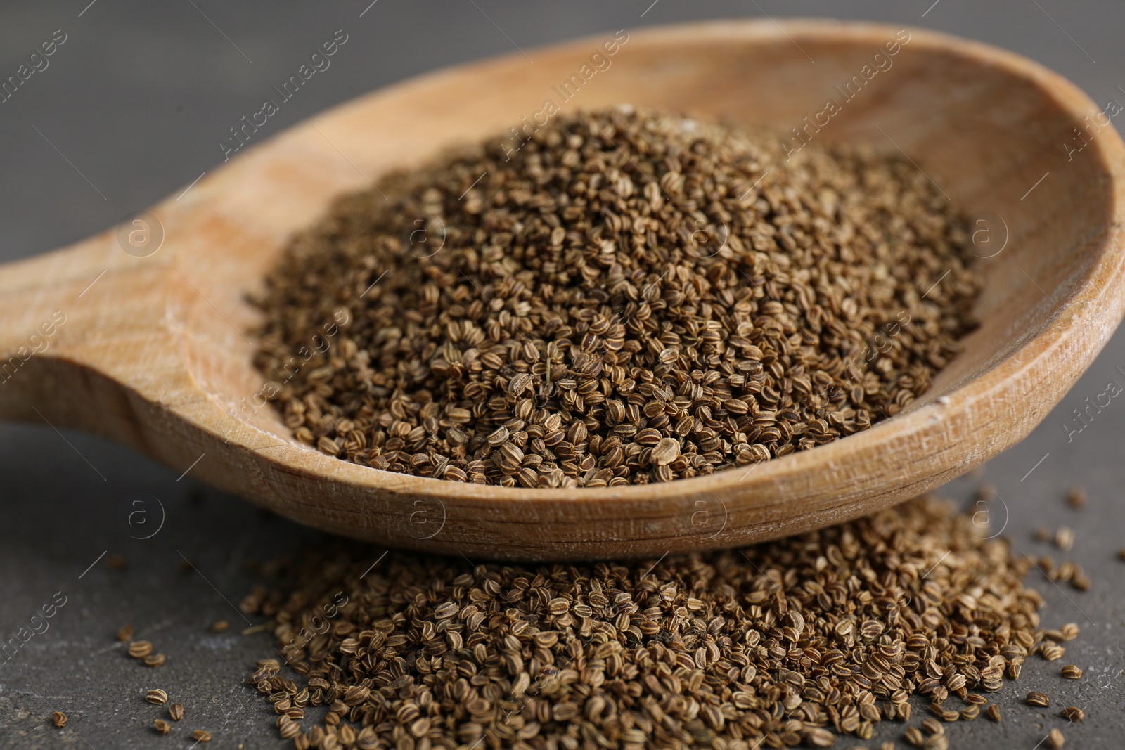 Photo of Spoon of celery seeds on grey table, closeup