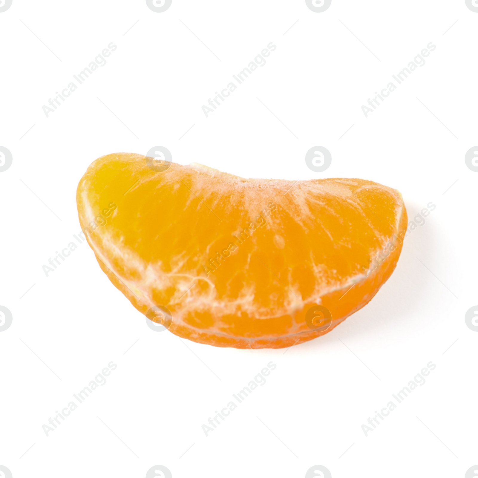 Photo of Piece of peeled fresh ripe tangerine isolated on white, top view