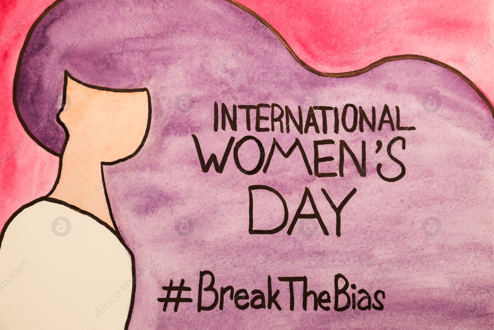 Photo of Card with text International Women's Day, hashtag BreakTheBias and painting of girl