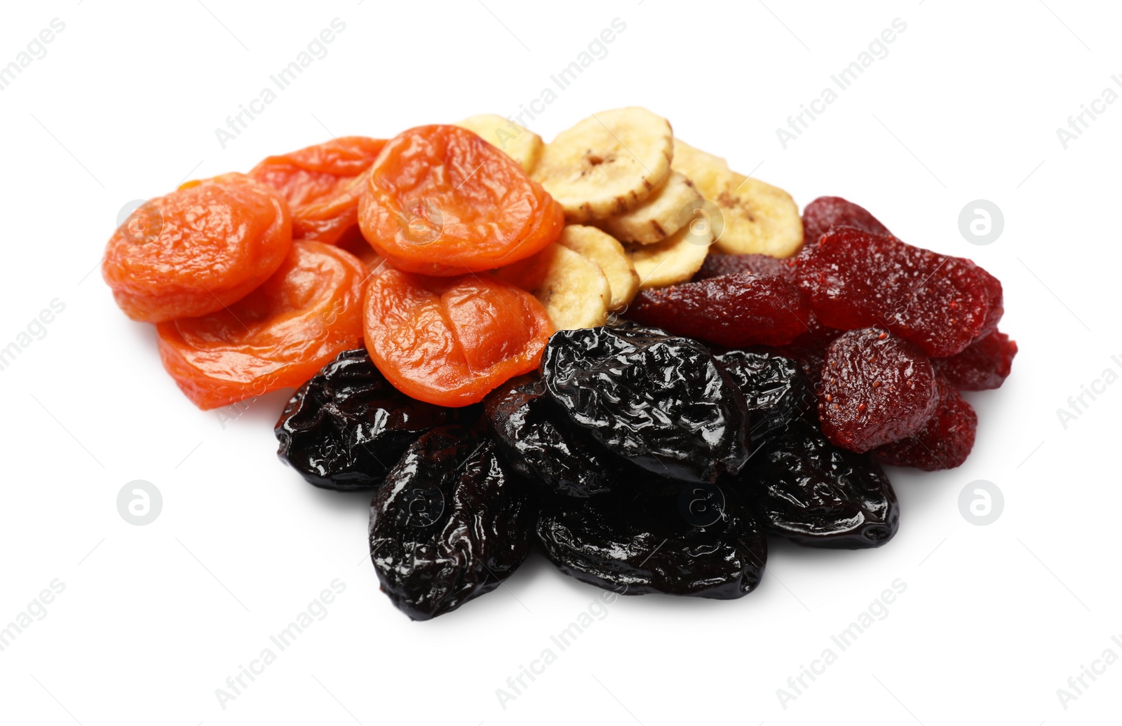 Photo of Mix of delicious dried fruits isolated on white