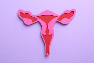 Reproductive medicine. Paper uterus on violet background, top view