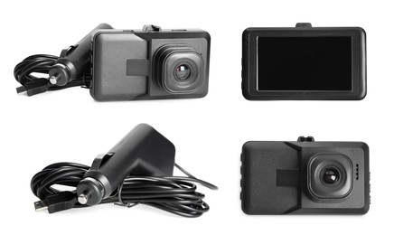 Set with modern car cameras on white background 