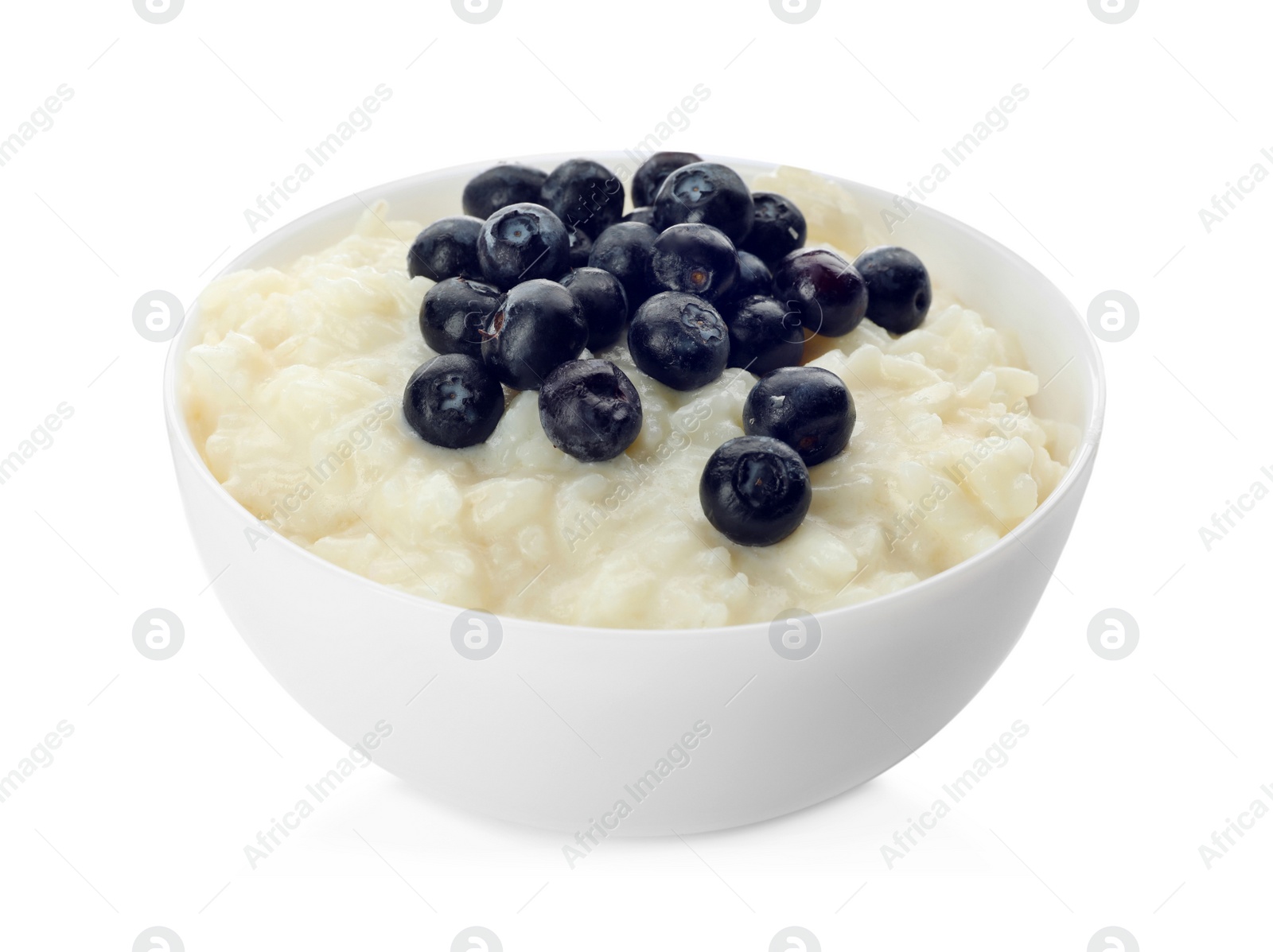 Photo of Delicious rice pudding with blueberries isolated on white