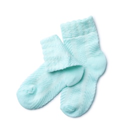 Cute child socks on white background, top view