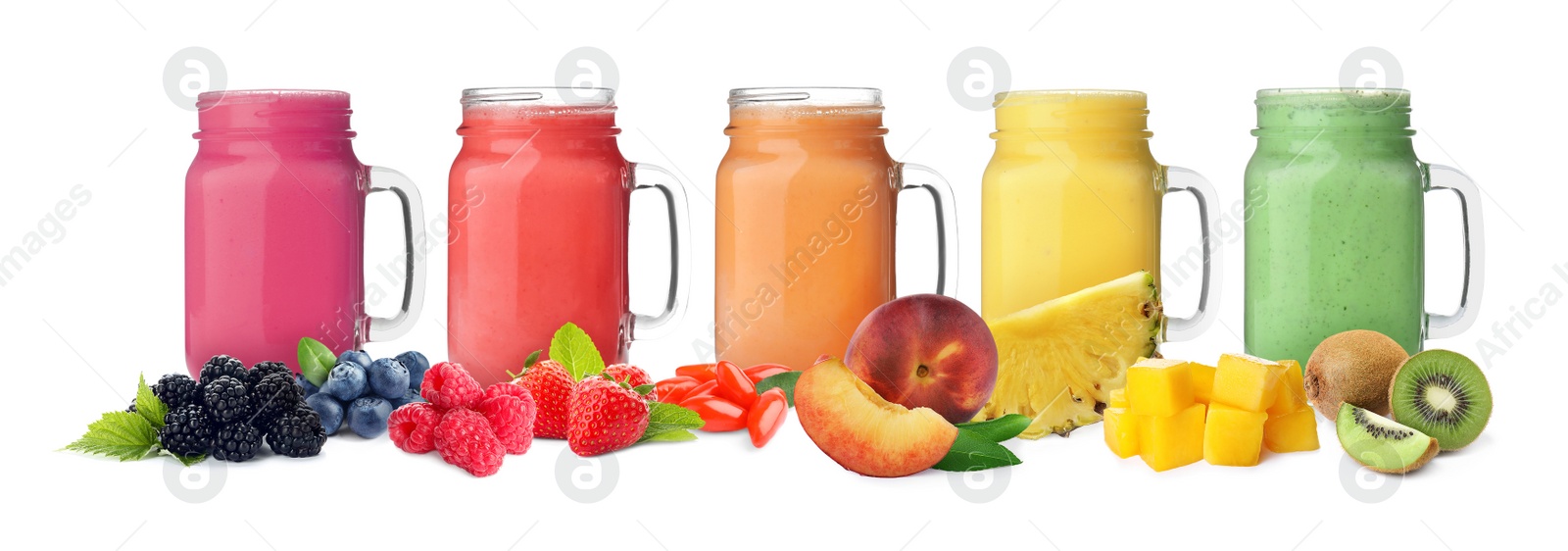 Image of Different delicious smoothies in mason jars on white background. Banner design