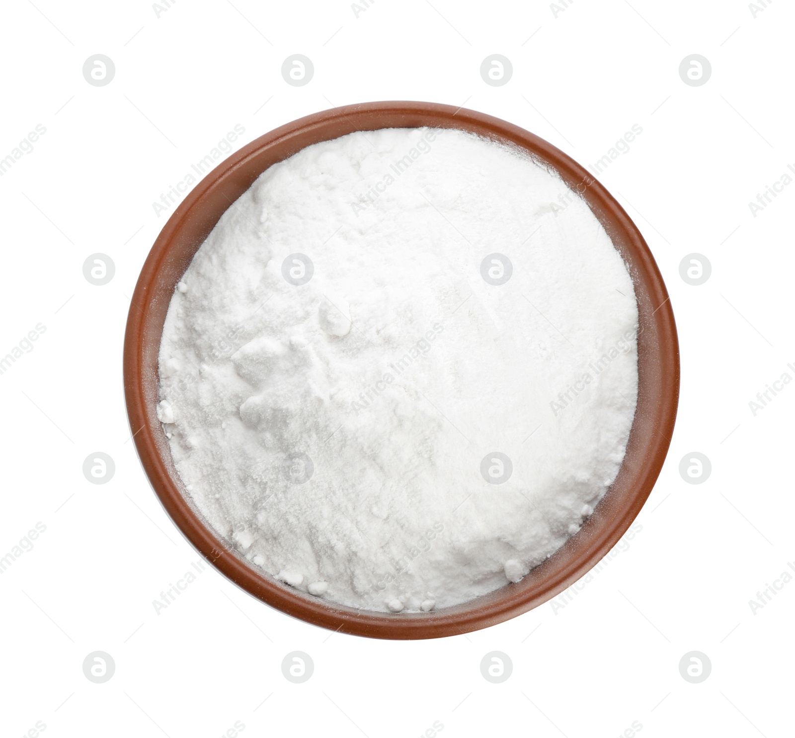 Photo of Bowl with baking soda on white background, top view